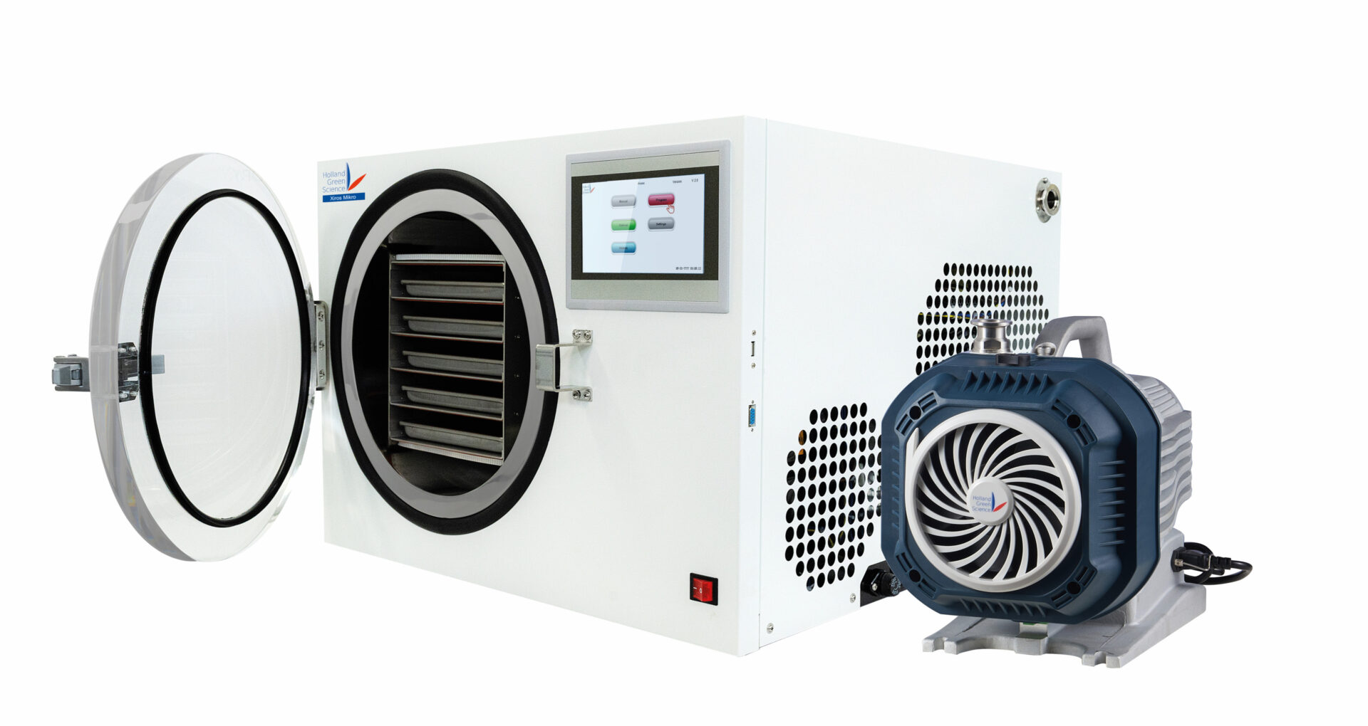 An advanced freeze dryer system featuring a state-of-the-art vacuum pump and heat exchanger.