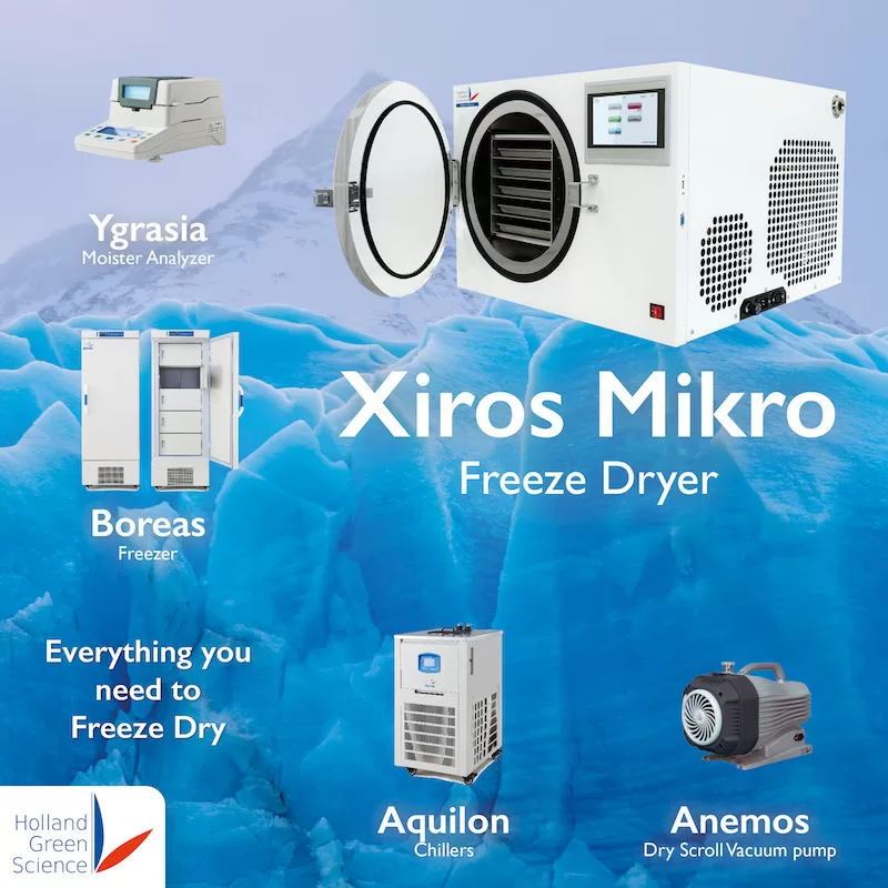 Complete Freeze Drying Solution by Holland Green Science: From the Xiros Mikro Freeze Dryer to the Ygrasia Moisture Analyzer, Boreas Freezer, Aquilon Chillers, and Anemos Dry Scroll Vacuum Pump - a comprehensive range of products designed to optimize your freeze drying process."