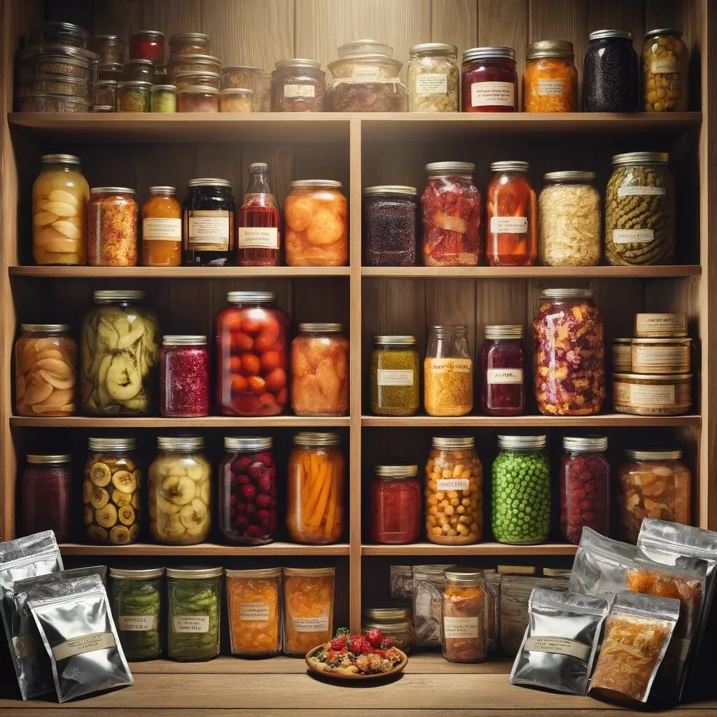 Preserved foods, both traditional canning jars and modern freeze-dried packets.