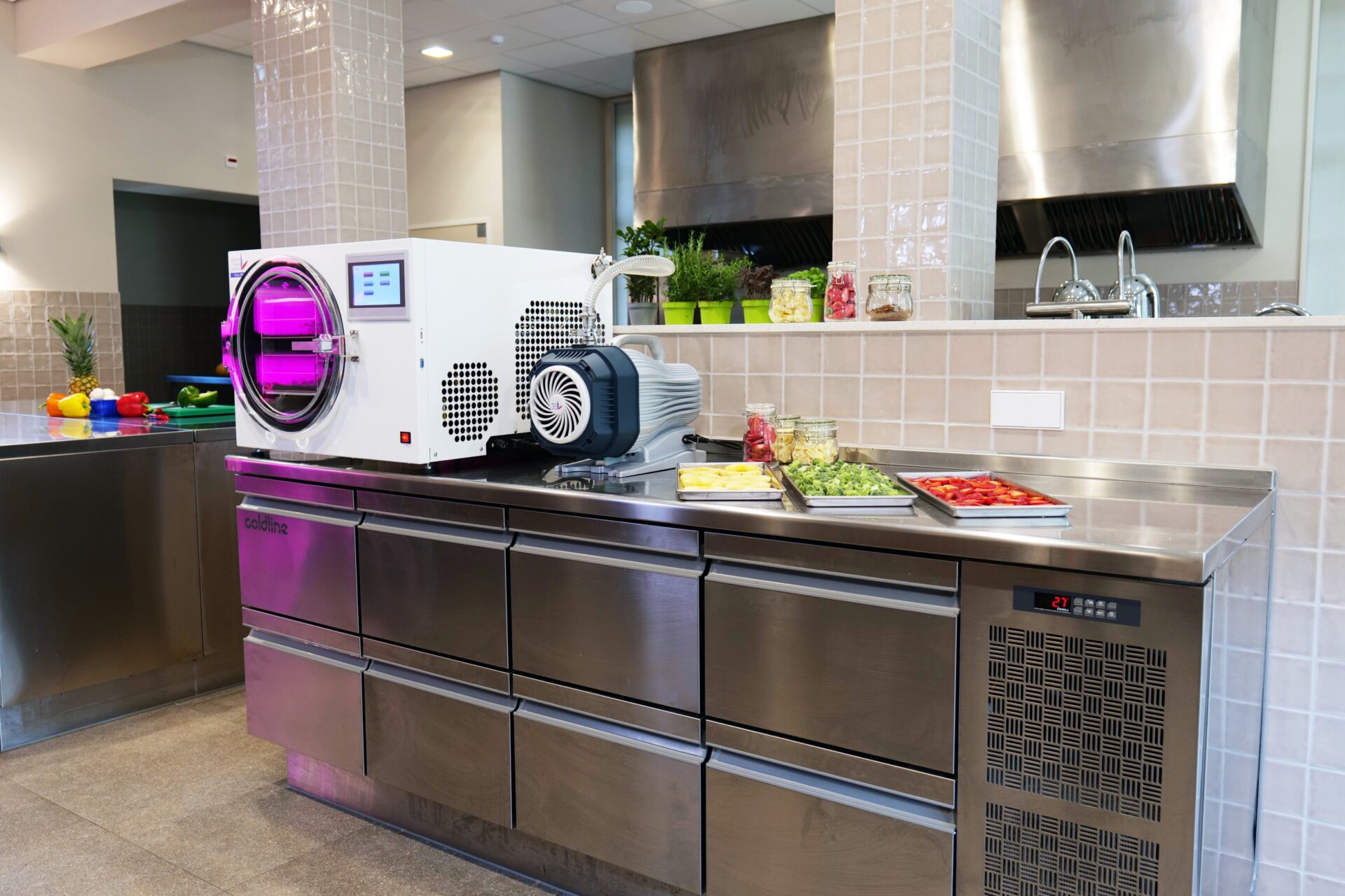 Freeze dried food on trays in a professional kitchen.