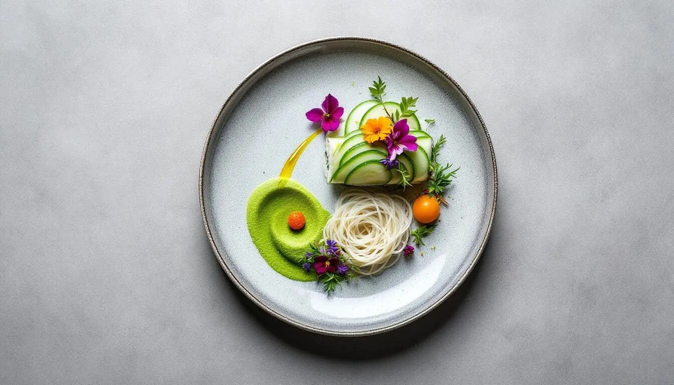 The image showcases an artistic arrangement with freeze dried ingredients, emphasizing their vibrant colors and unique textures. It highlights the innovative use of freeze drying technology in haute cuisine, showcasing how the process preserves the original flavor and nutritional content while allowing for creative culinary designs.