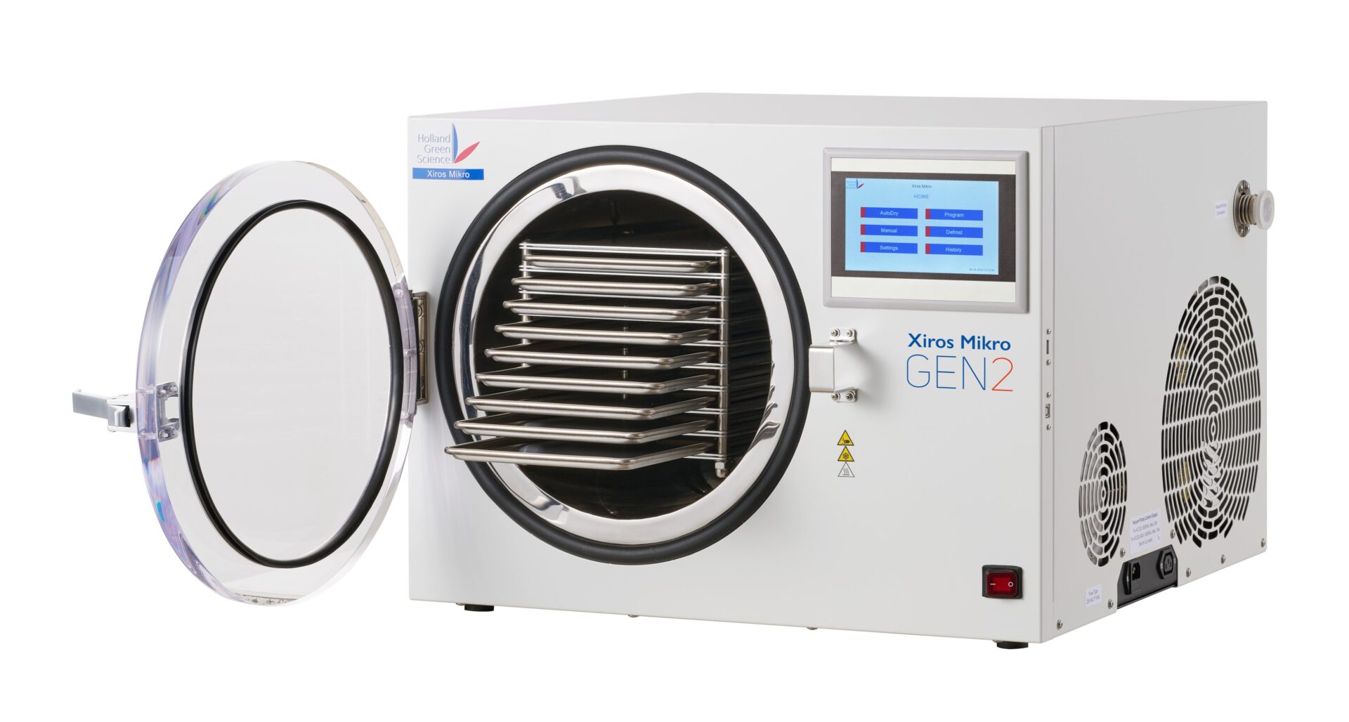 The image features the Xiros Mikro GEN2 Freeze Dryer, a piece of industrial freeze drying equipment with HACCP certification, designed for the food industry. This machine effectively removes moisture from food products, preserving their original flavor and nutritional value, making it ideal for creating delicious freeze dried fruits, vegetables, and meals with a long shelf life.