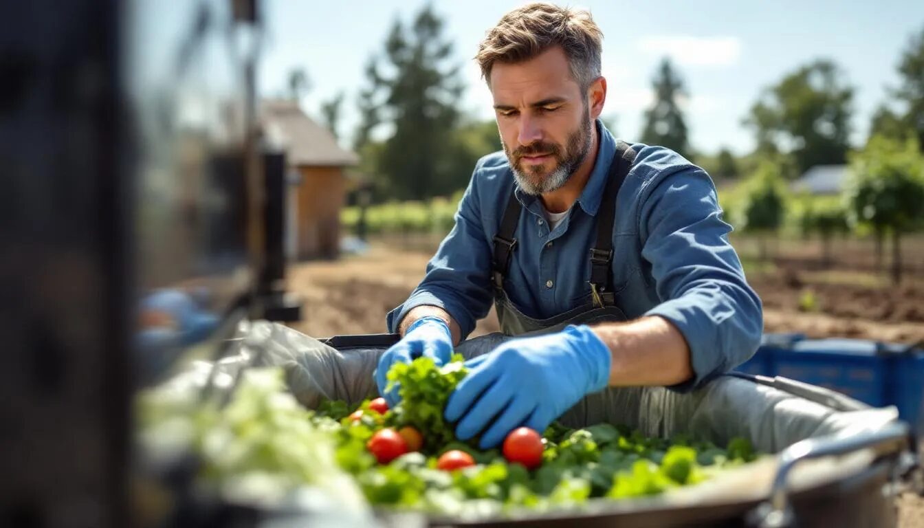 Ein Landwirt wählt Abfallprodukte für den Gefriertrocknungsprozess aus und trägt so zu Ressourceneffizienz und Abfallreduzierung bei.