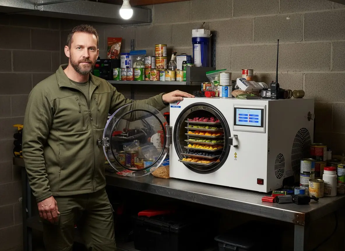 Generated artist impression of a Bjørn (prepper) in his shelter with his Xiros Mikro freeze dryer 