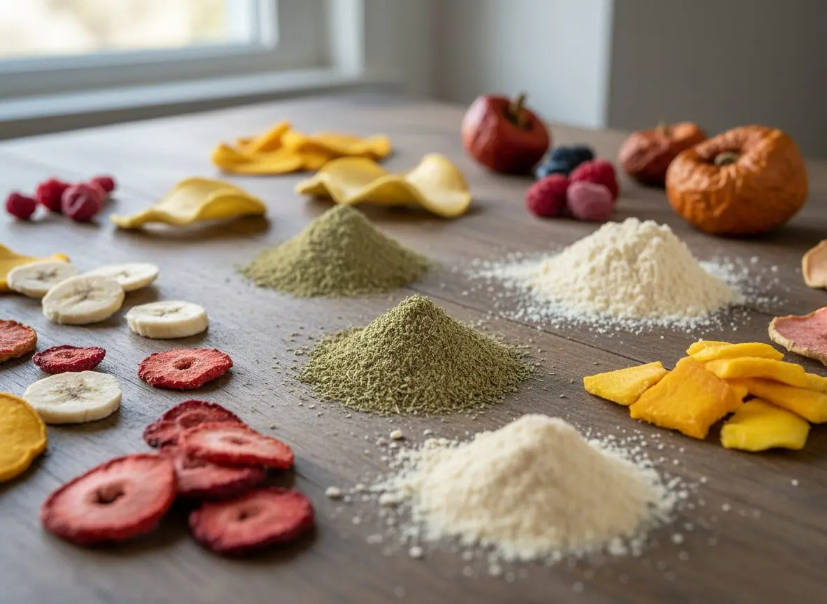 Generated artist impression of freeze dried food in various forms