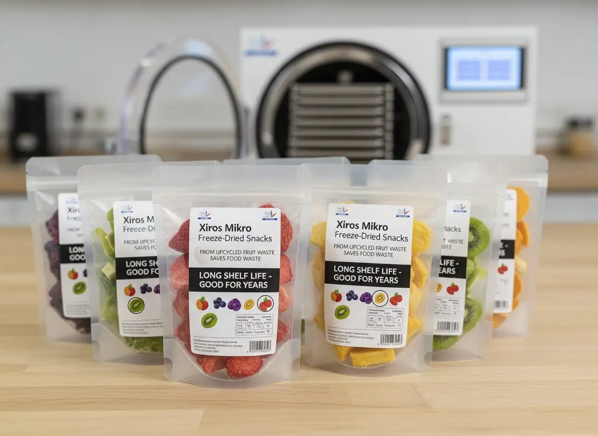Generated artist impression of mylar bags with freeze dried fruit inside 
